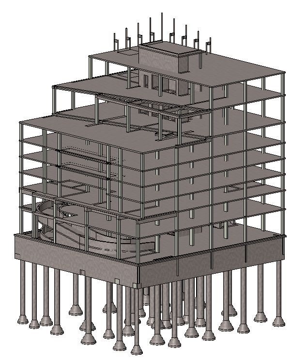 Comprehensive Revit structural BIM model. The curved ramp and a few of the PT transfer beams can be seen.