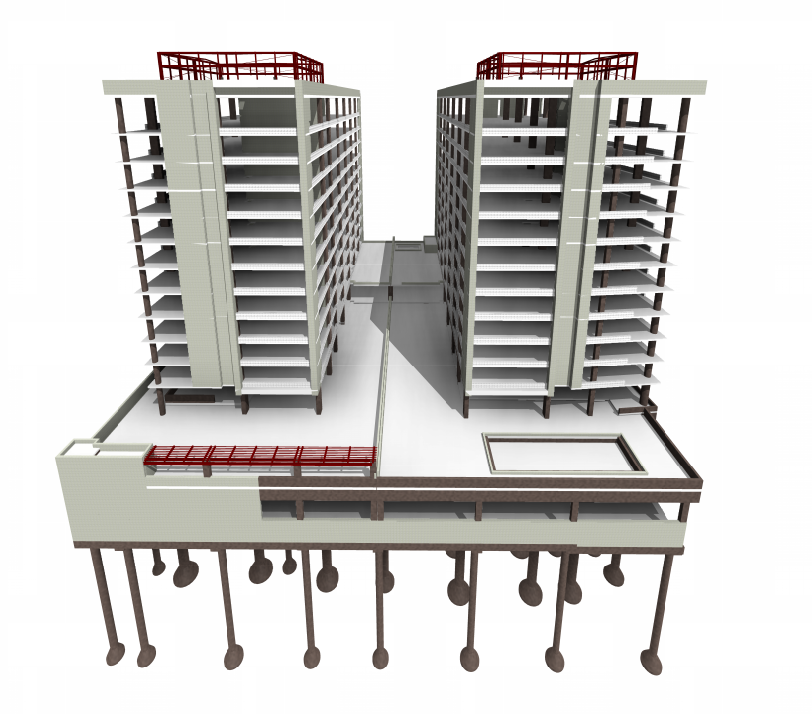 A view of the structural BIM model for the full project (facing south)