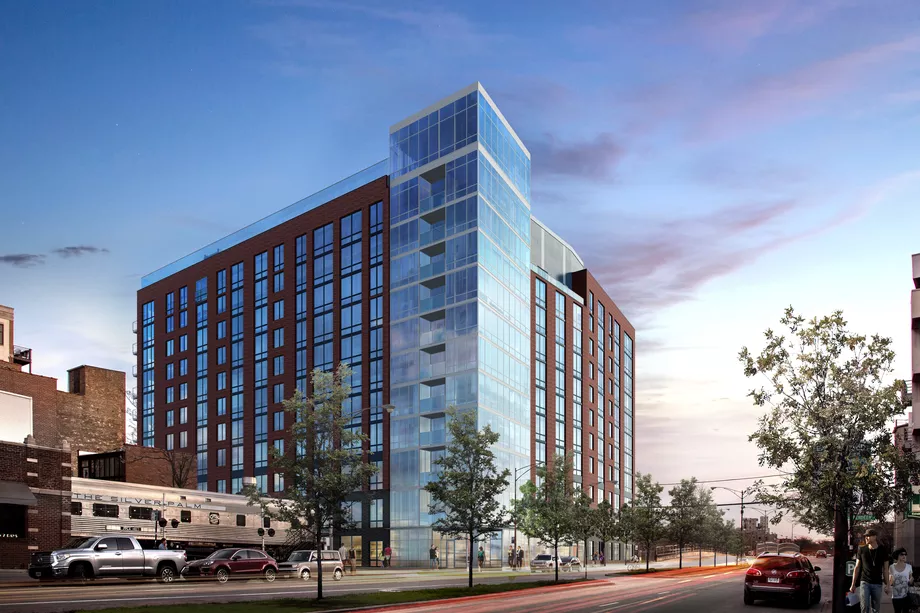 A rendering of the northwest corner looking from Ogden Ave, highlighting the mixed brick and glass curtain wall facade (credit: FitzGerald Associates)