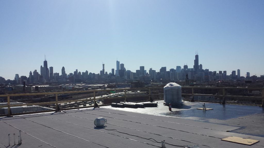 View of the Chicago skyline from the 7th Floor amenity space.