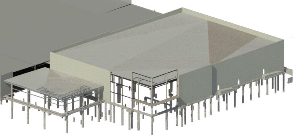 A BIM Revit model showcasing the southwest corner of the new exterior. The existing Sears building can be seen in the background.