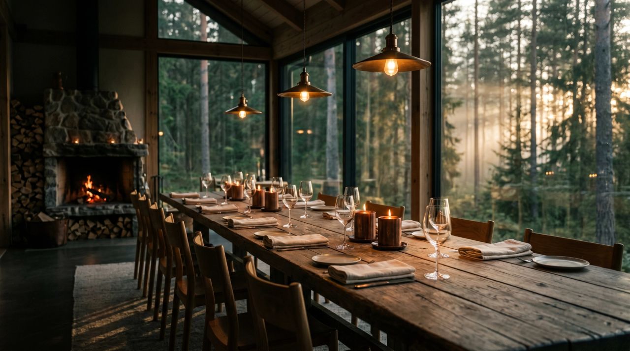Warm wood-paneled dining room at The Union with long table and fireplace