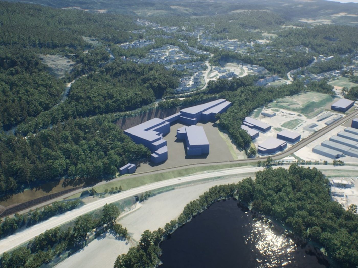Illustrasjon av Orkidehøgda utbygd, med lagerbygg i skogen ved hovedveien og et tjern i forgrunnen.