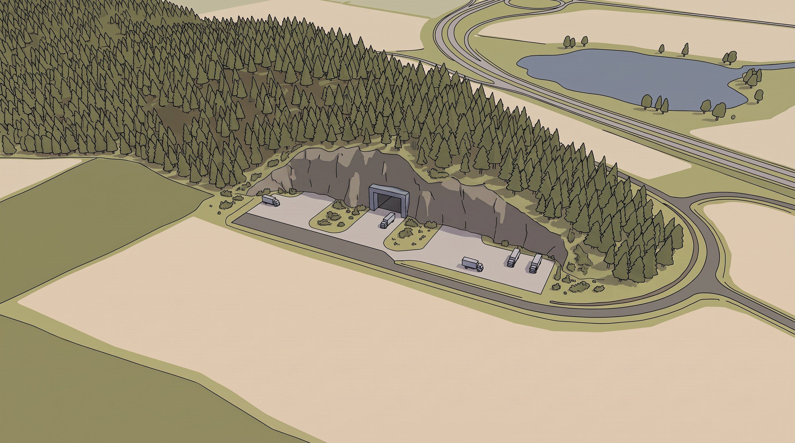 Illustrasjon av én portal inn i foten av en skogkledd ås, med lastebiler på plassen foran og en vei rundt.