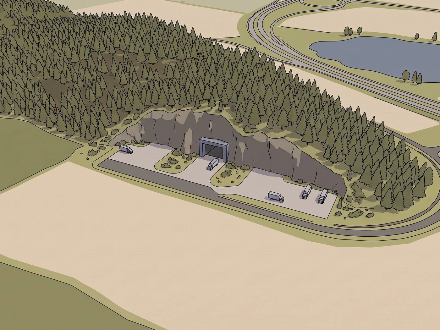Illustrasjon av én portal inn i foten av en skogkledd ås, med lastebiler på plassen foran og en vei rundt.