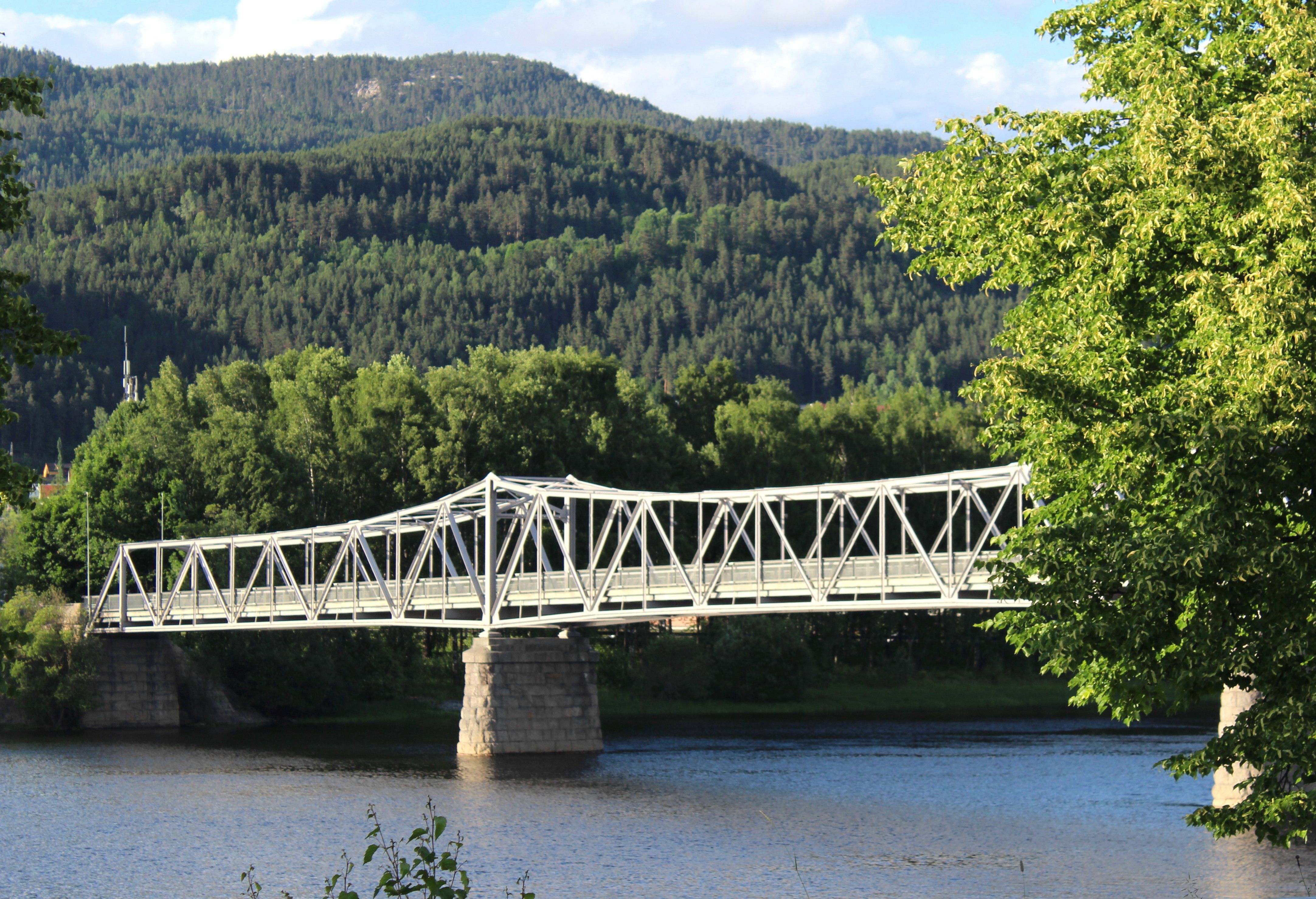 Mjøndalsbrua, en hvit stålbru på steinpilarer, over Drammenselva en sommerdag, med skogkledde åser bak.