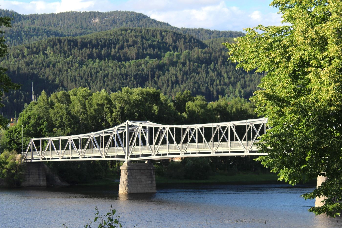 Mjøndalsbrua, en hvit stålbru på steinpilarer, over Drammenselva en sommerdag, med skogkledde åser bak.