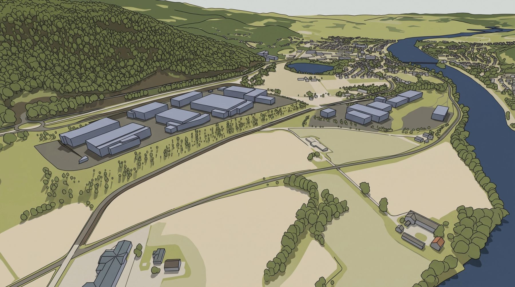 Illustrasjon av hele området utbygd, med lagerbygg på Nerkollen og Øvrekollen, åsen bak og Drammenselva til høyre.