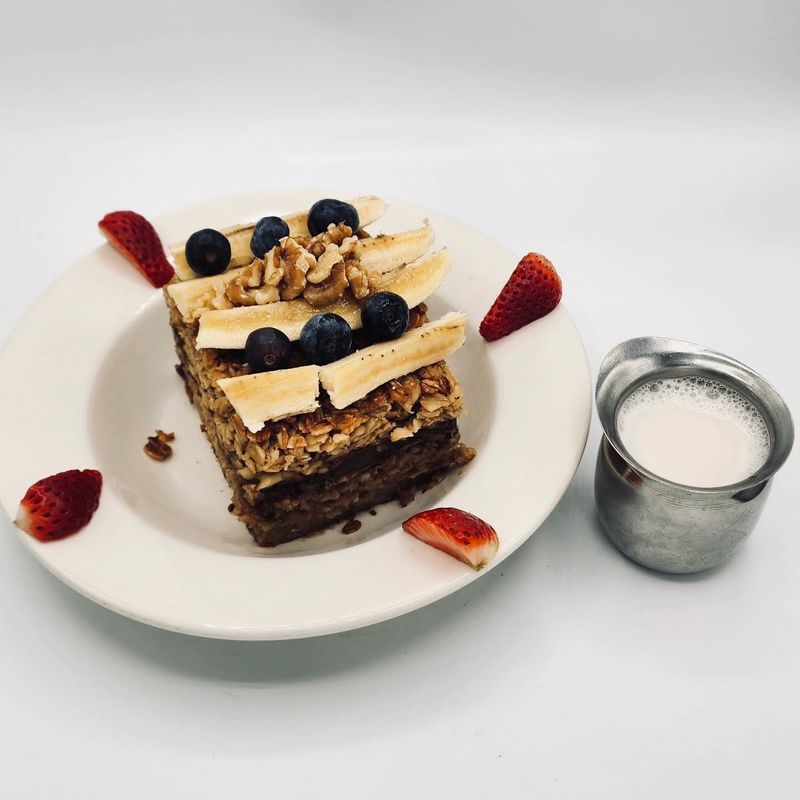 Granola stack with bananas, berries & walnuts