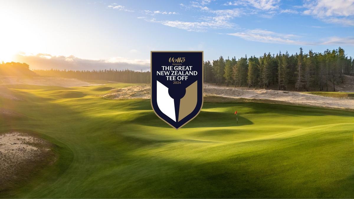 Golf course with sunsetting and Great NZ Tee Off logo in the middle