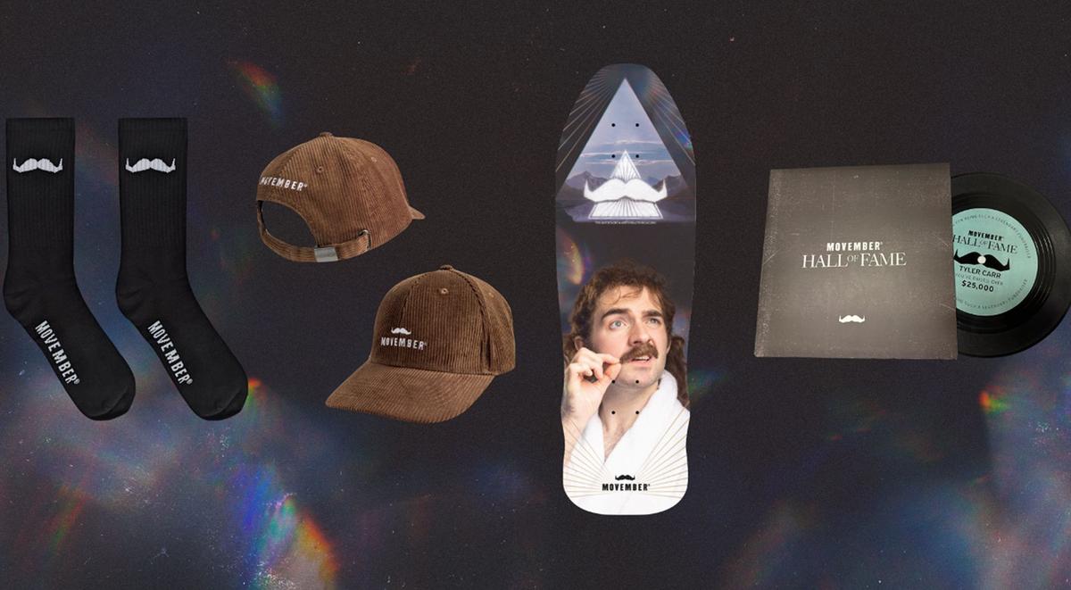 Photos of movember branded prizes on space themed background.