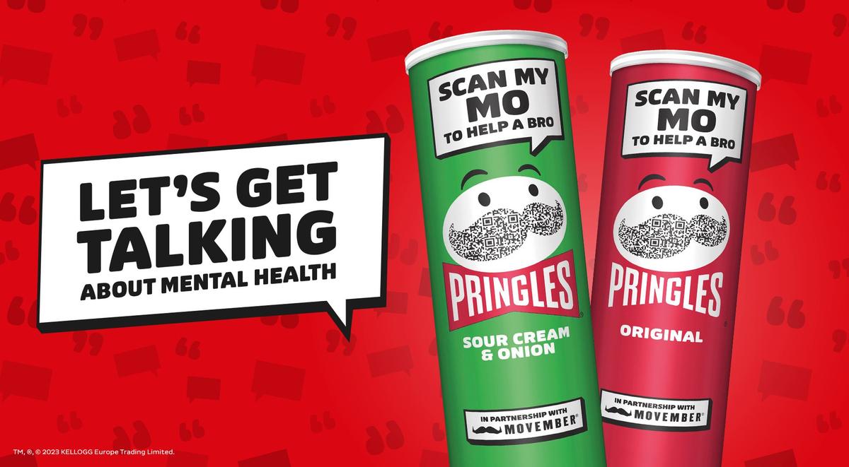 Two packs of Movember branded Pringles with the caption 'let's get talking about mental health'