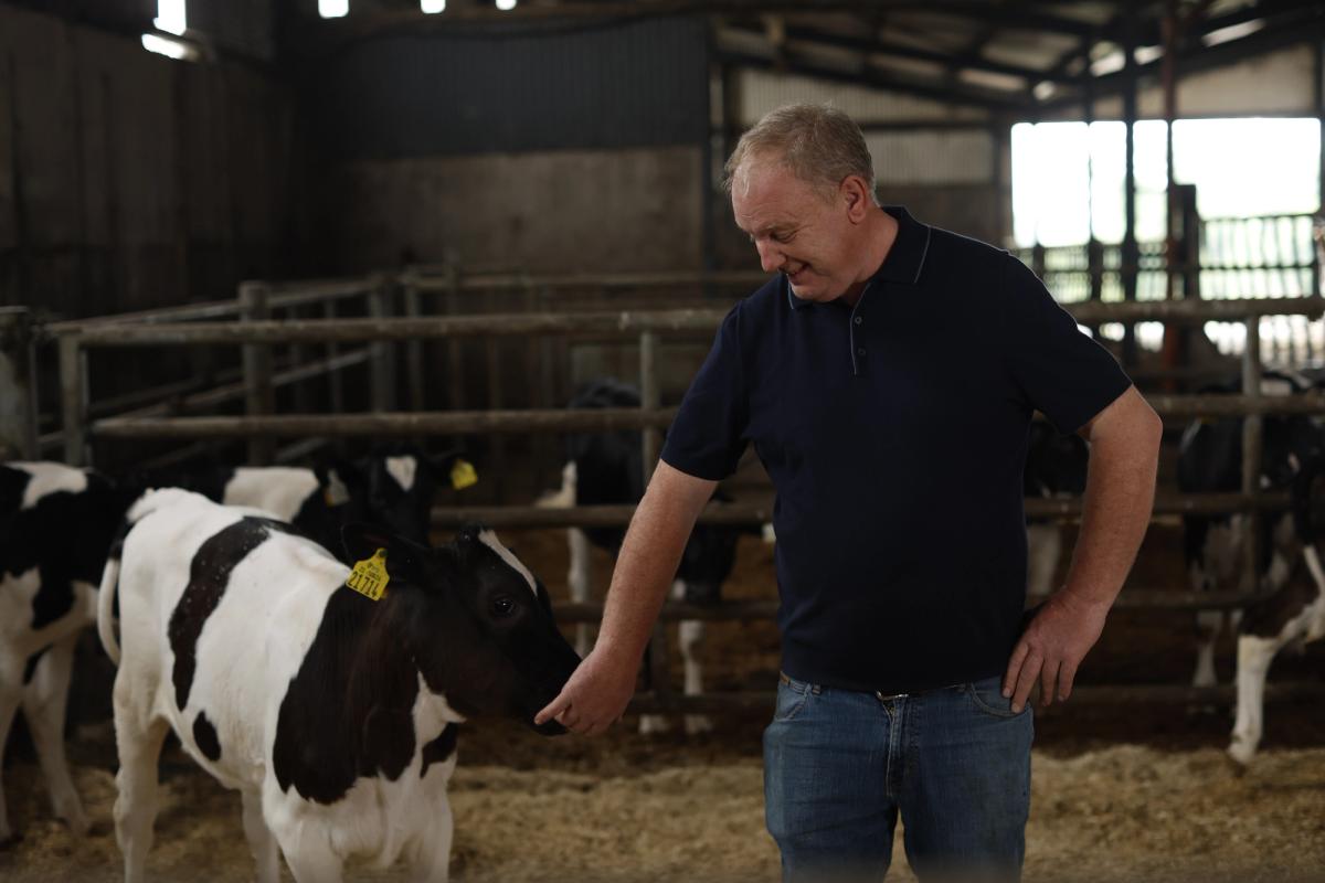 A farmer is standing in a barn with his cattle