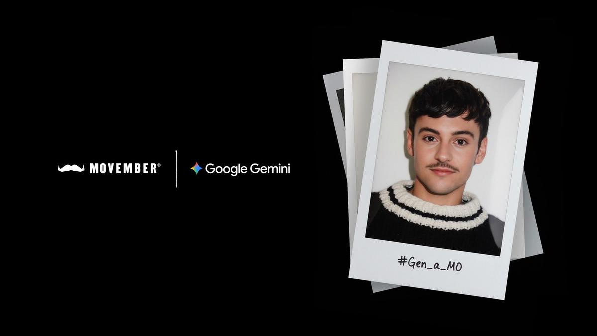 Logos and photo of someone with a AI generated moustache.