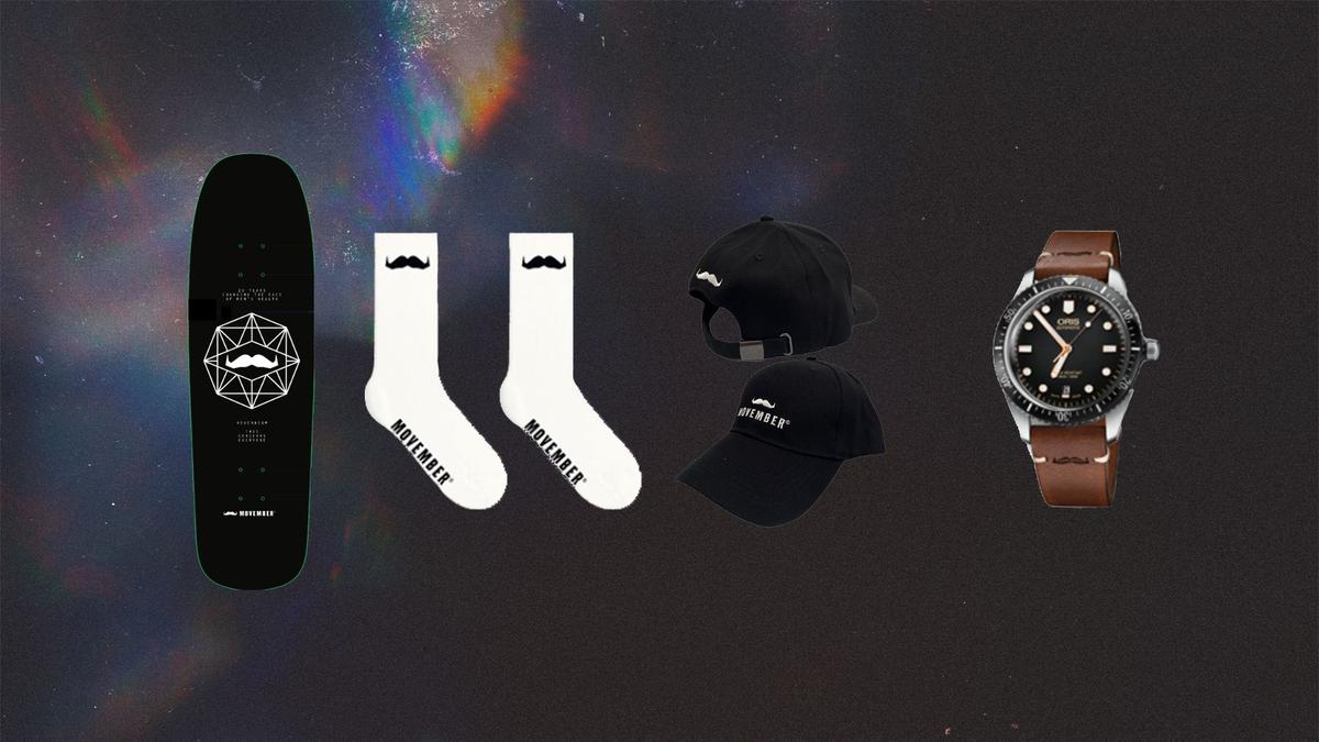 A Movember skateboard, white socks, black hate, and leather-banded watch are displayed