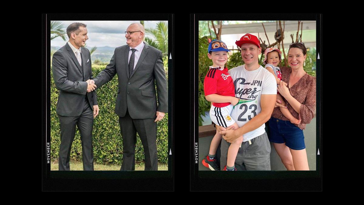 An image collage of Corey with his father, wife and two kids.