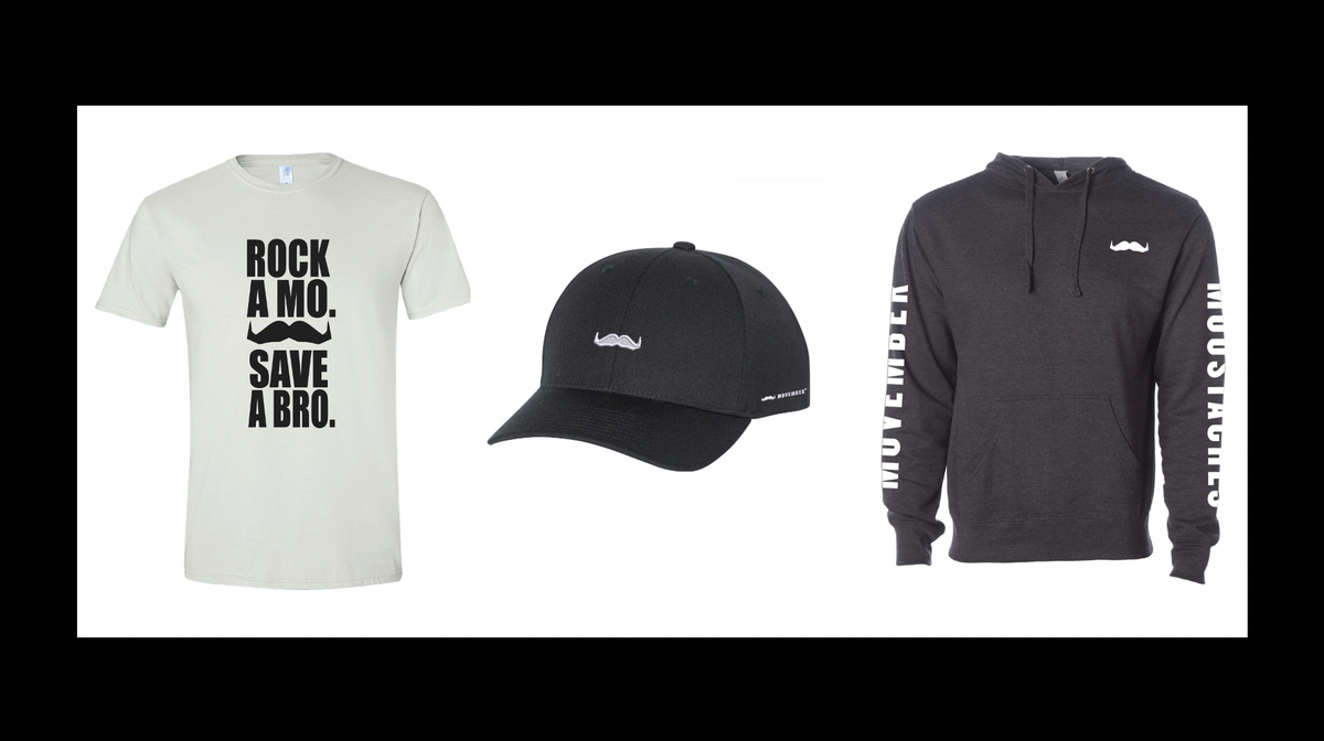 A tshirt, hat and hoodie with Movember branding