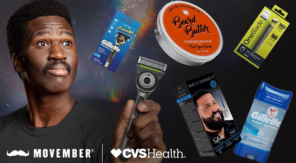 Man with a Gillette razor surrounded by other men's grooming products with a space backdrop and movember and cvs logo