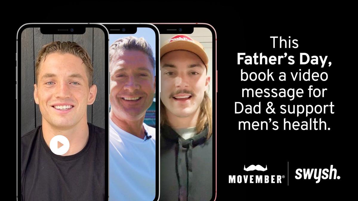 A graphic of Swysh video messages with text that says 'This Father's Day, book a video message for Dad & support men's health.'