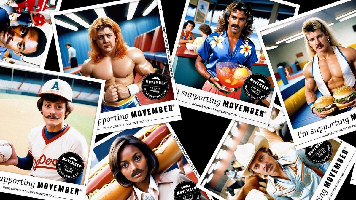 various polaroid pictures of people with AI moustaches