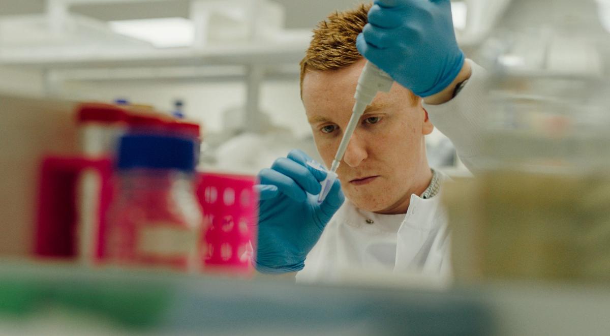 Scientist in laboratory performing prostate cancer research.