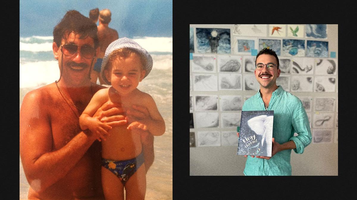 A collage of two pictures. One of a young Ryan with his father and one of Ryan holding up his book.