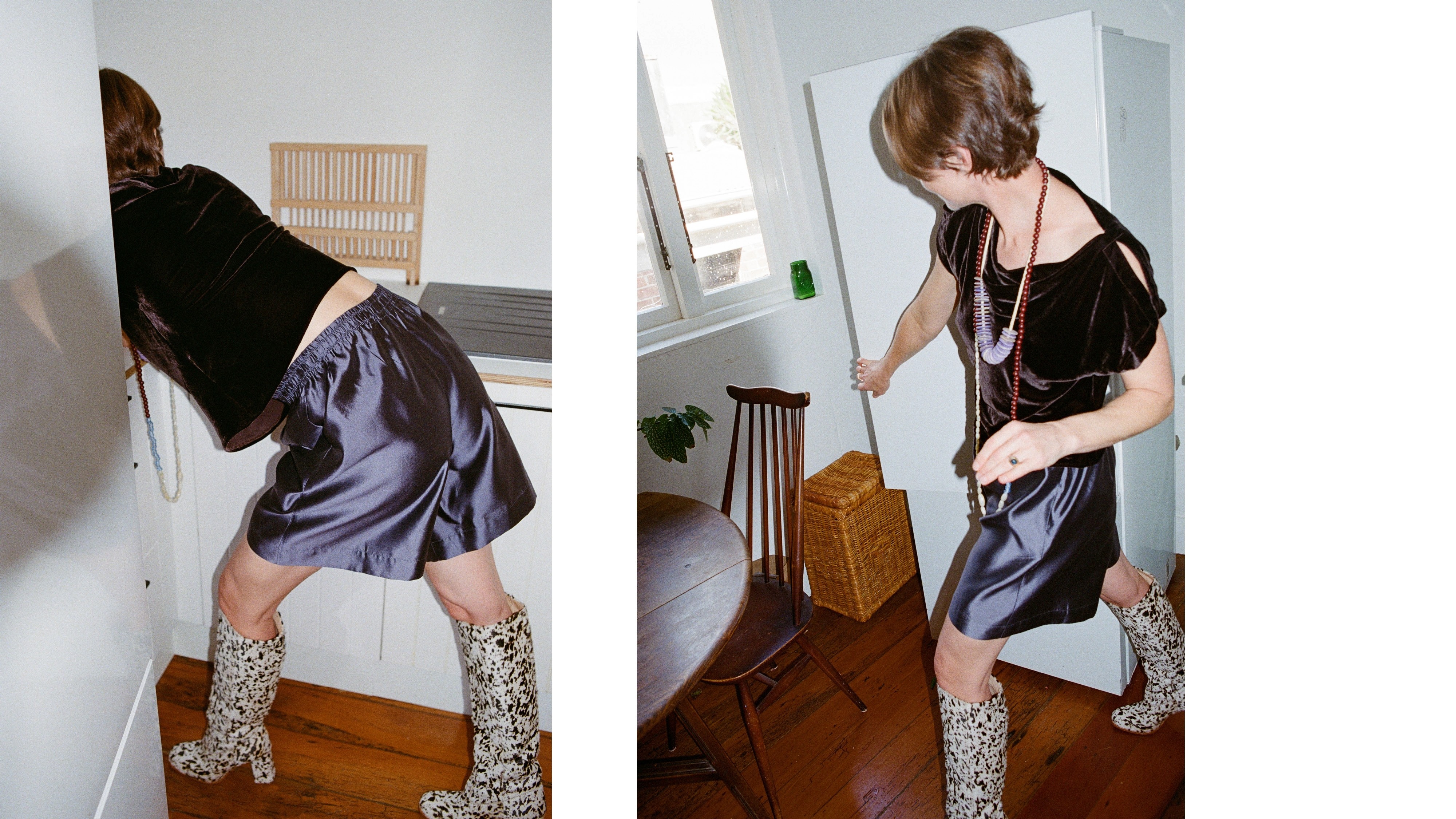 Velvet Rita top and silk Delphine shorts worn by Anyonegirl in the kitchen