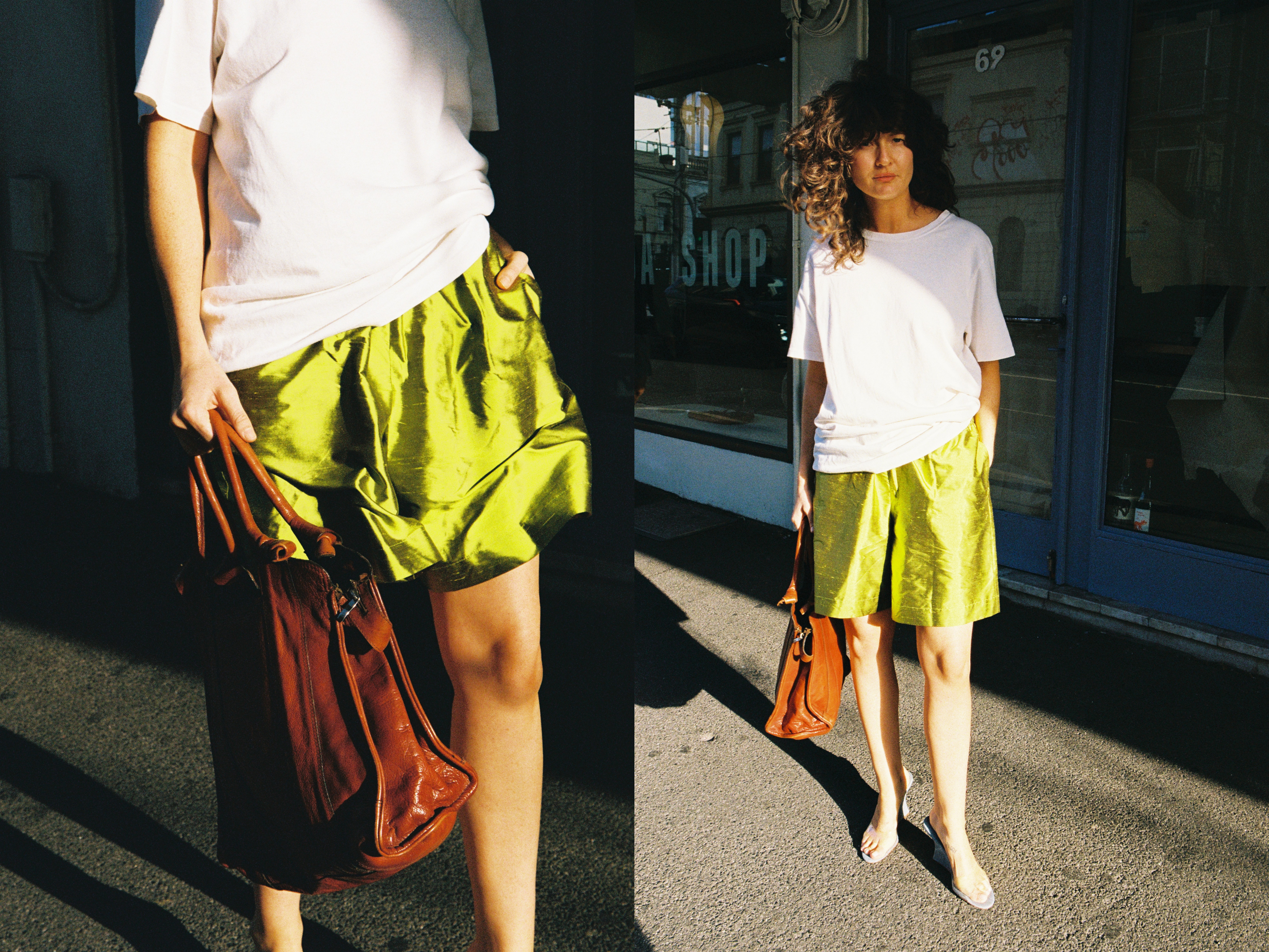 Model wearing vibrant chartreuse Delphine shorts