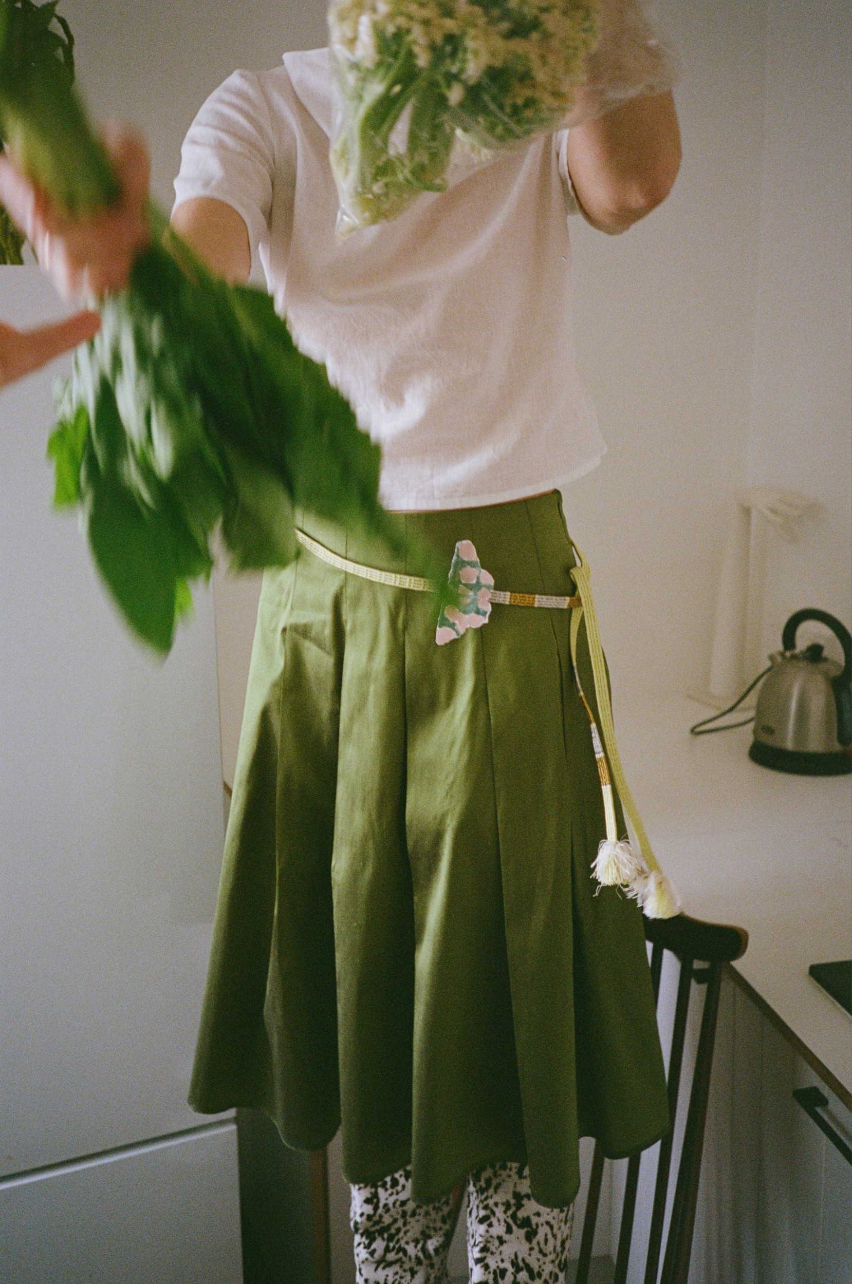 Anyonegirl wearing linen Tina top & green silk Cindy skirt