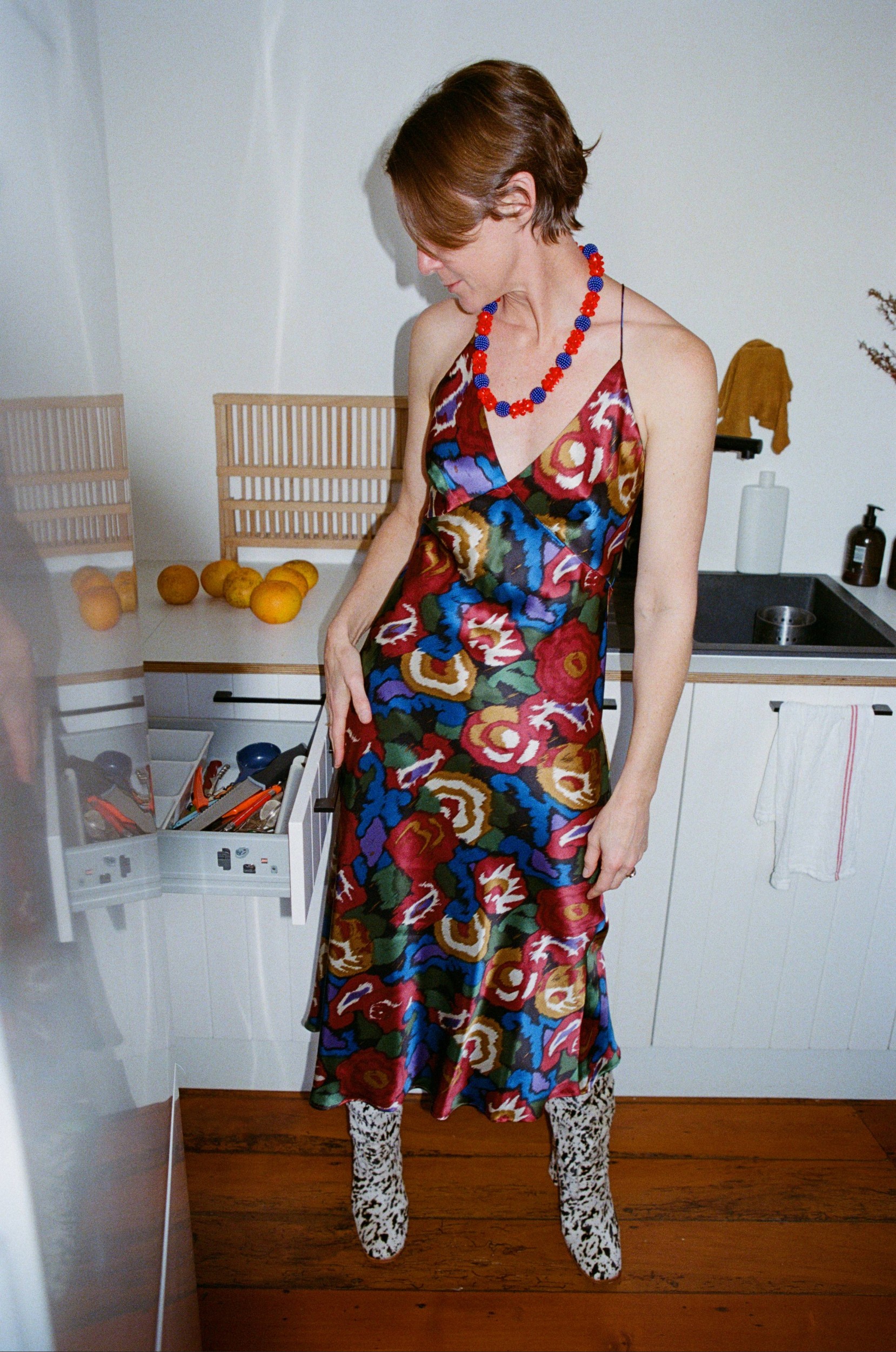 Anyonegirl wearing silk watercolour print Roberta dress