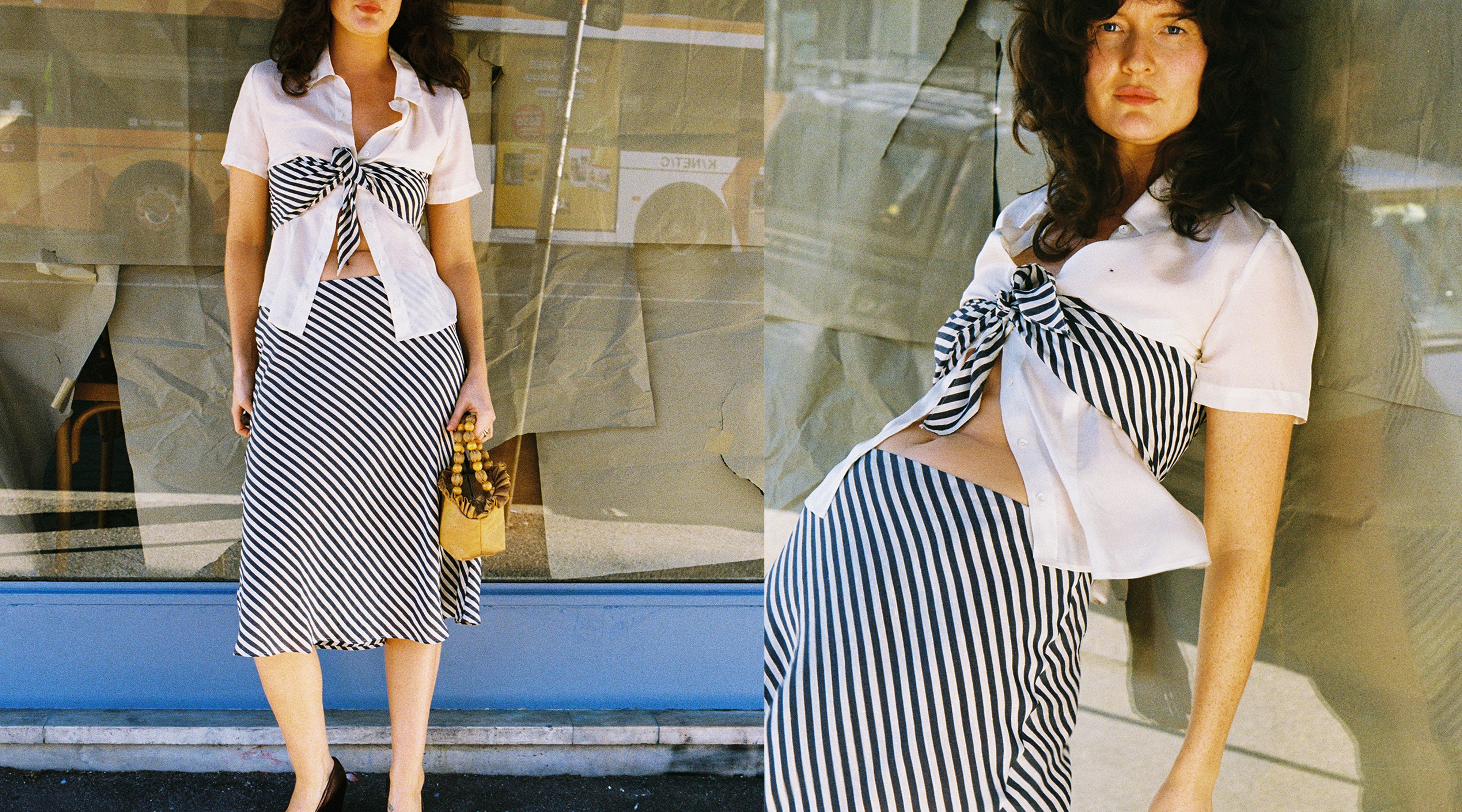 model wearing white shirt with striped scarf, and a striped skirt