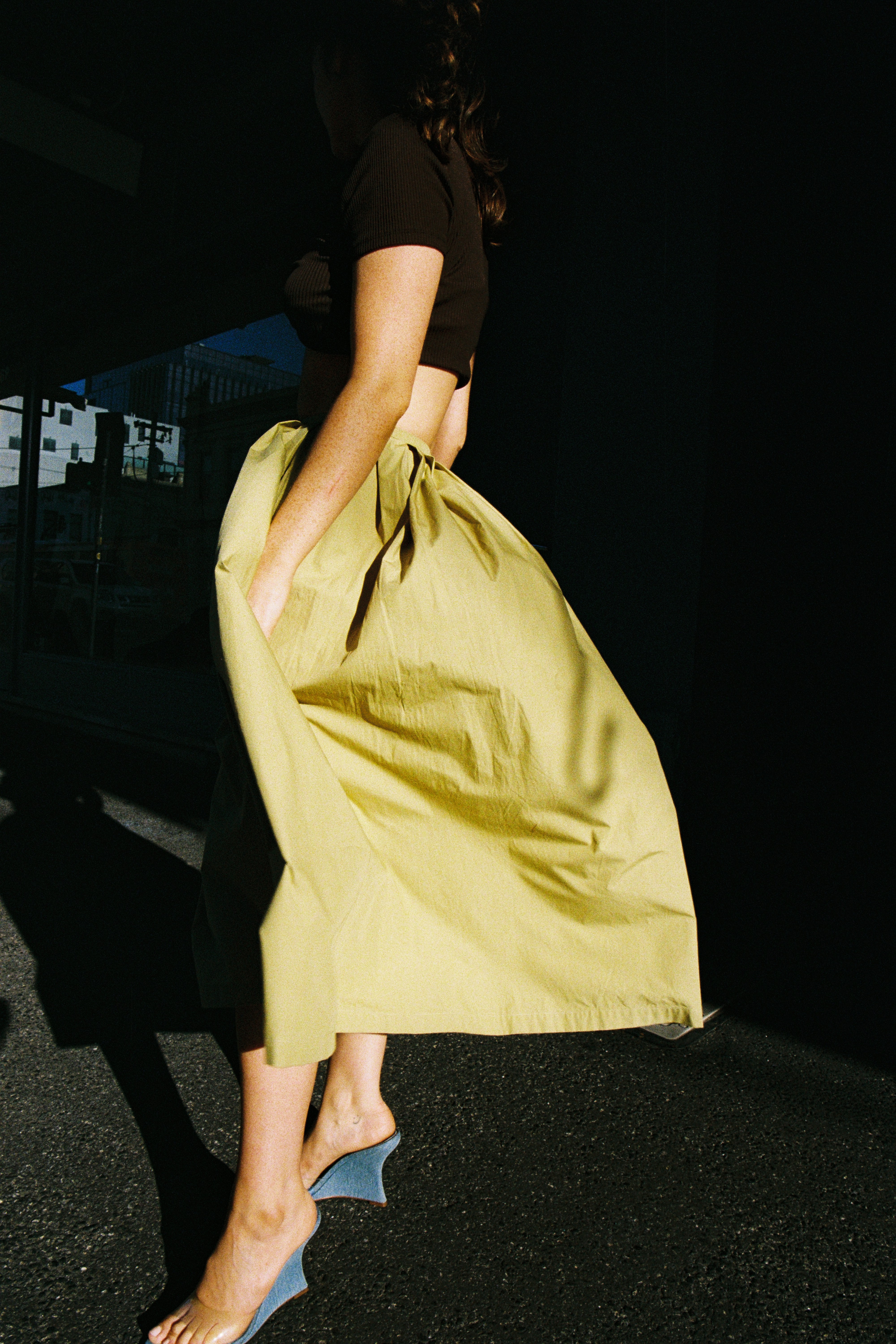 Model wearing fennel Passenger skirt