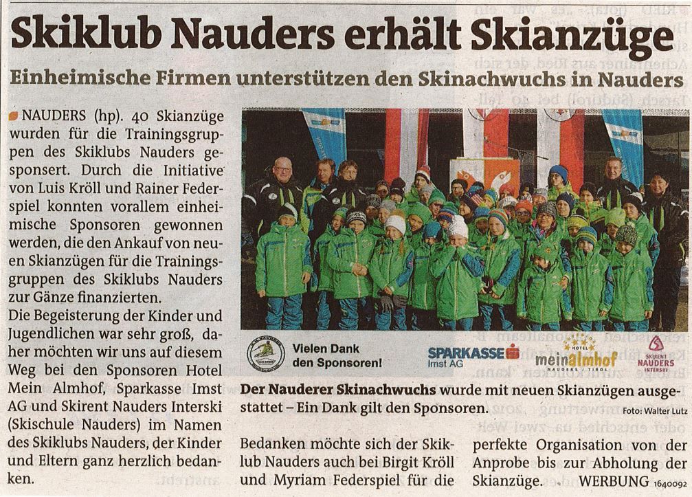 Skinachwuchs erhält Skianzüge Dez. 2015