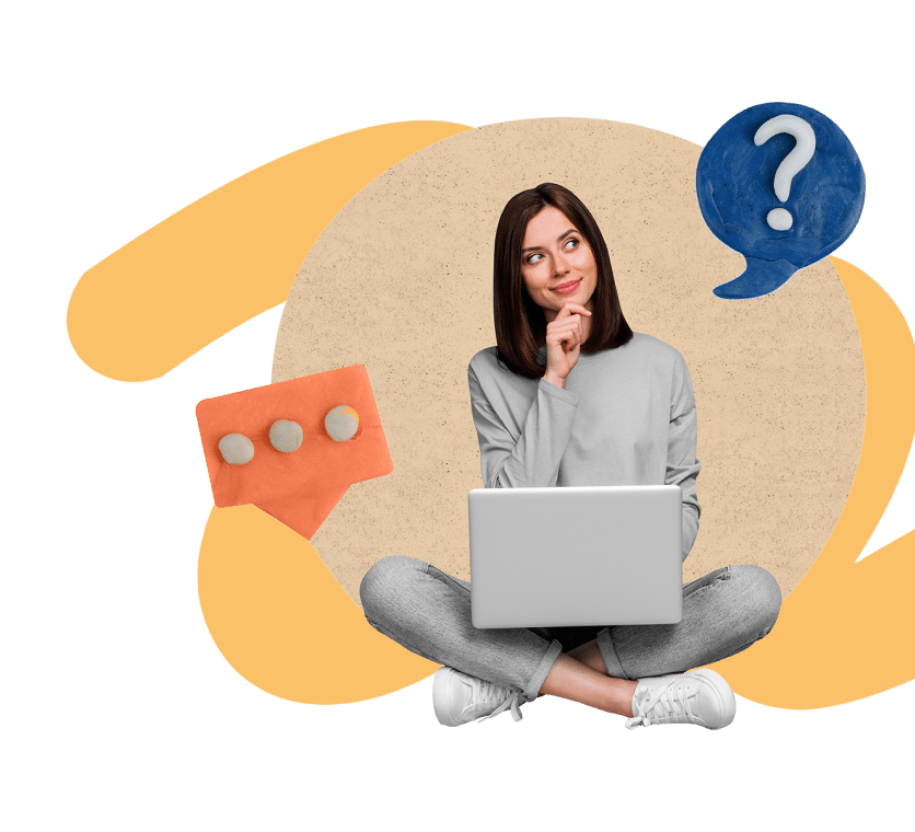 Illustration of a thoughtful woman with a laptop, with question mark and message bubbles