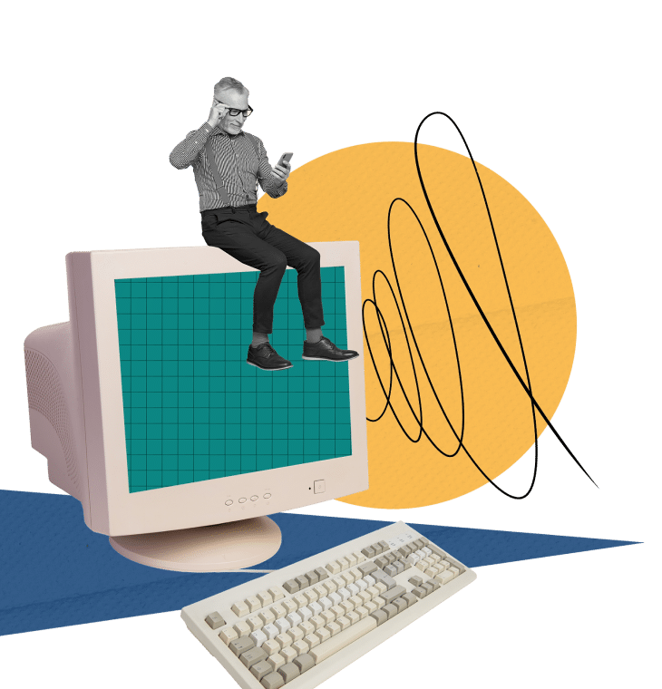 Collage of a man on his phone sitting on top of a vintage computer monitor
