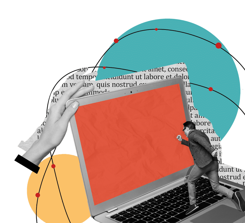 Collage of a hand holding a laptop with a figure stepping out of its screen