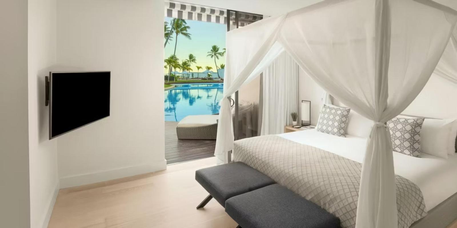 Canopy bed opening to the pool deck