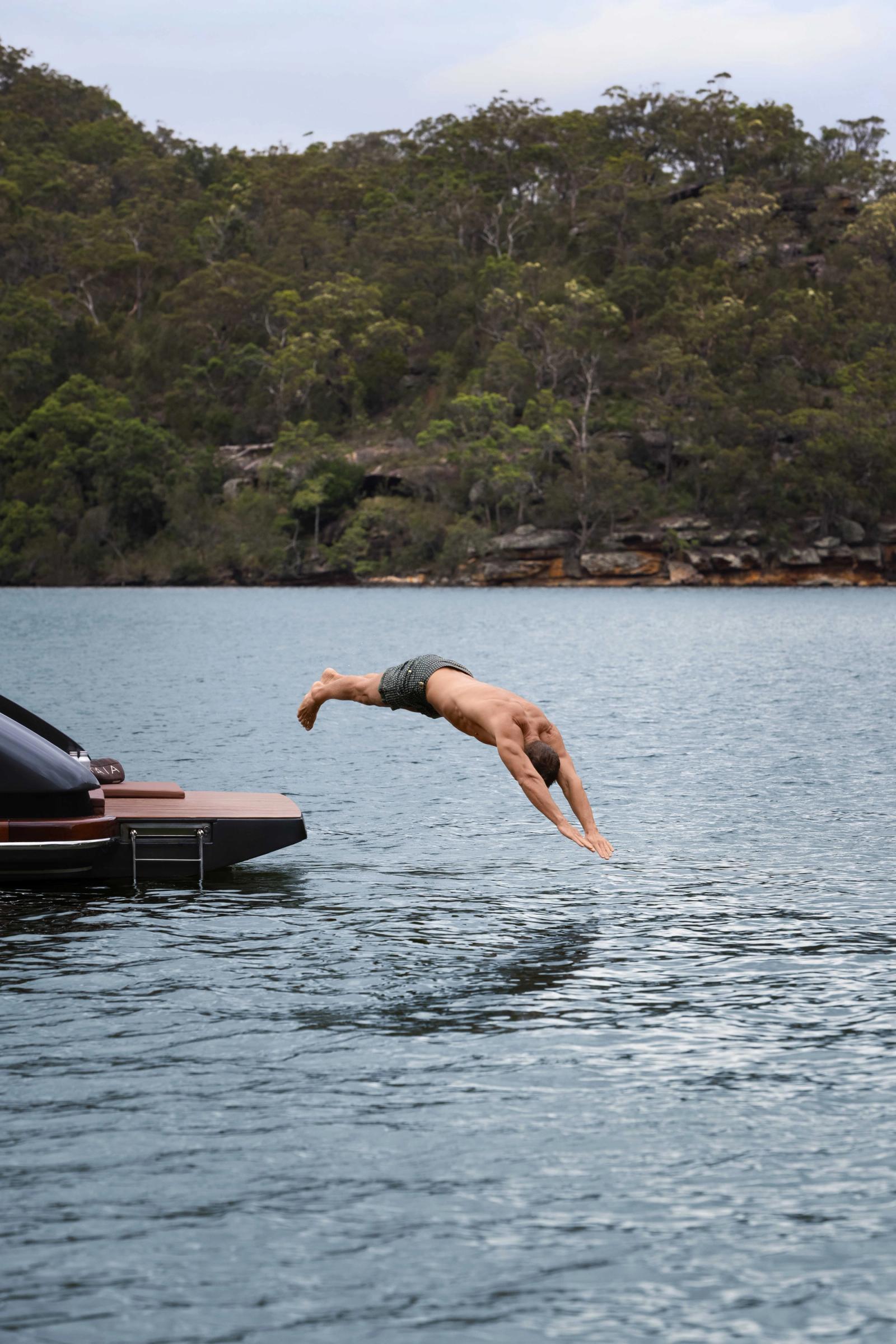 Into the water off the swim platform