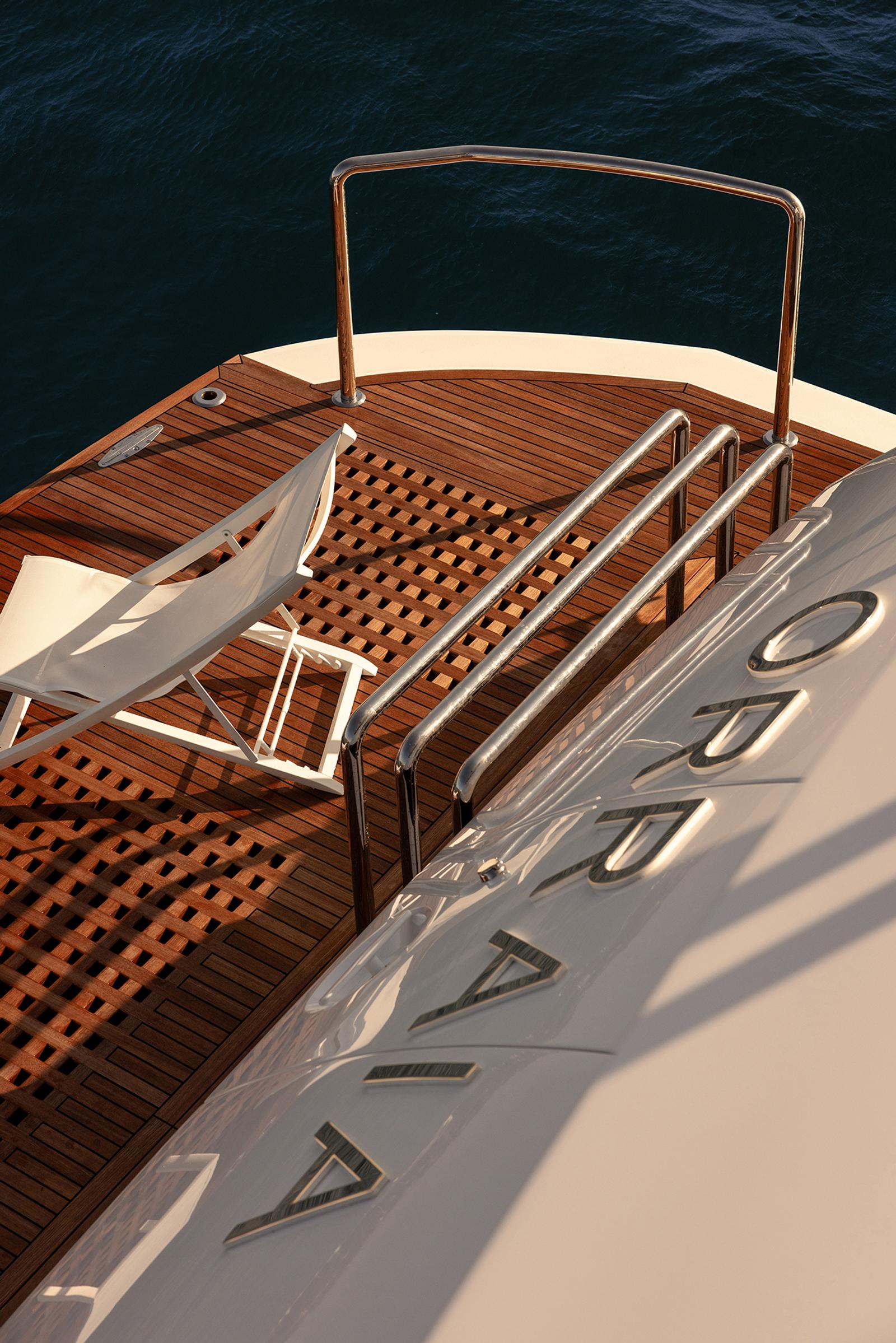 The teak sun deck in the warm afternoon light