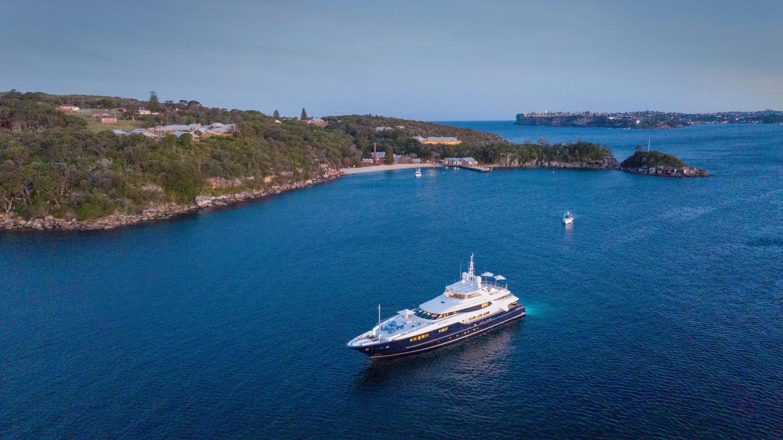 MISCHIEF from above, anchored off an island bay