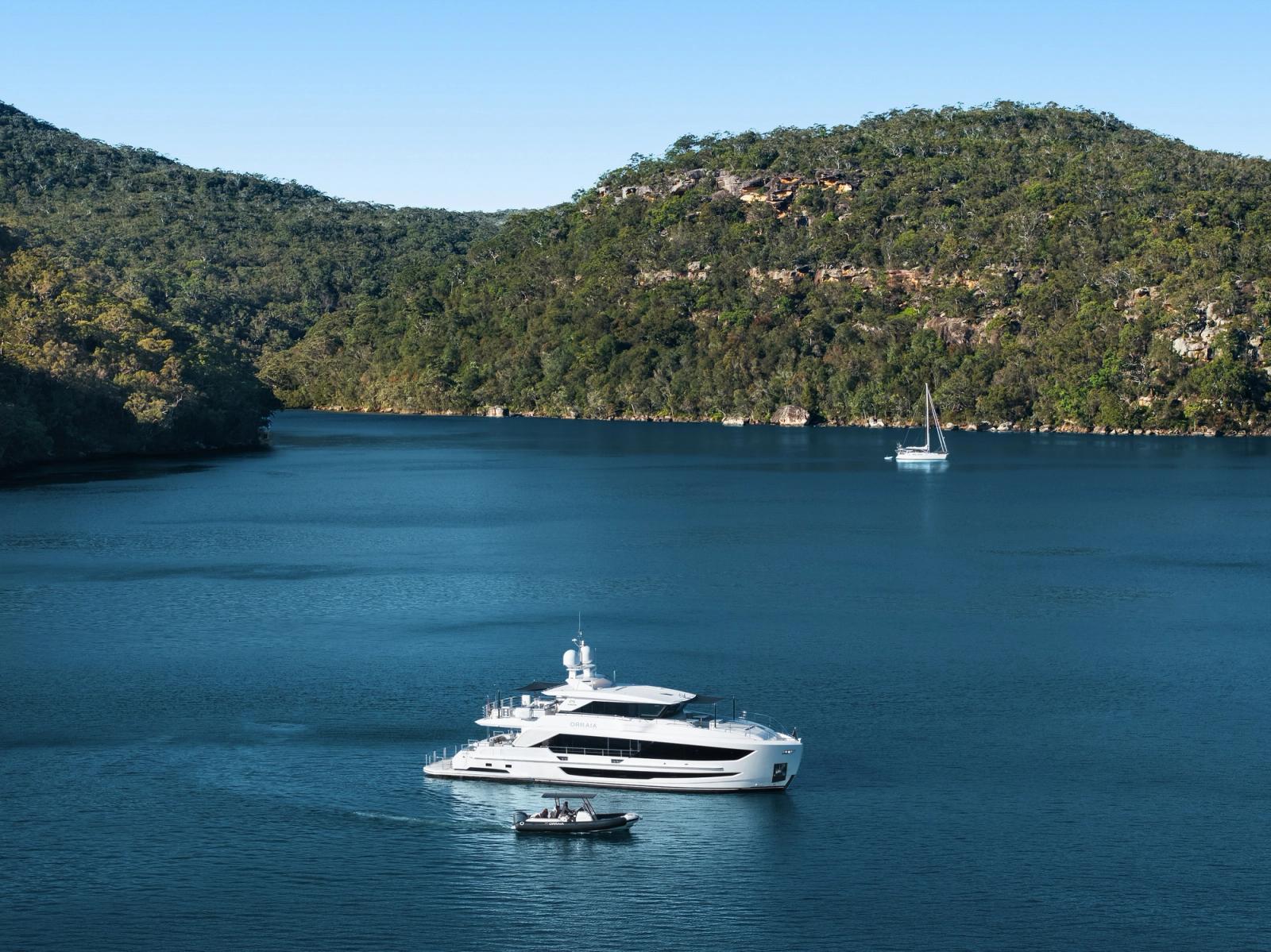ORRAIA at anchor in a quiet cove