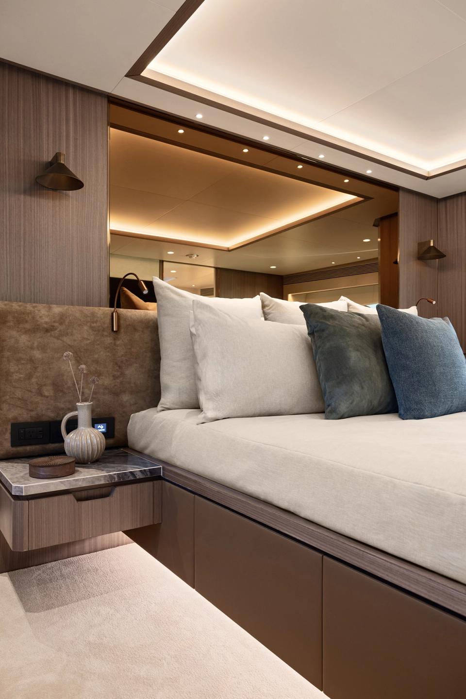 Interior master bedroom of the Orraia yacht showcasing luxury.