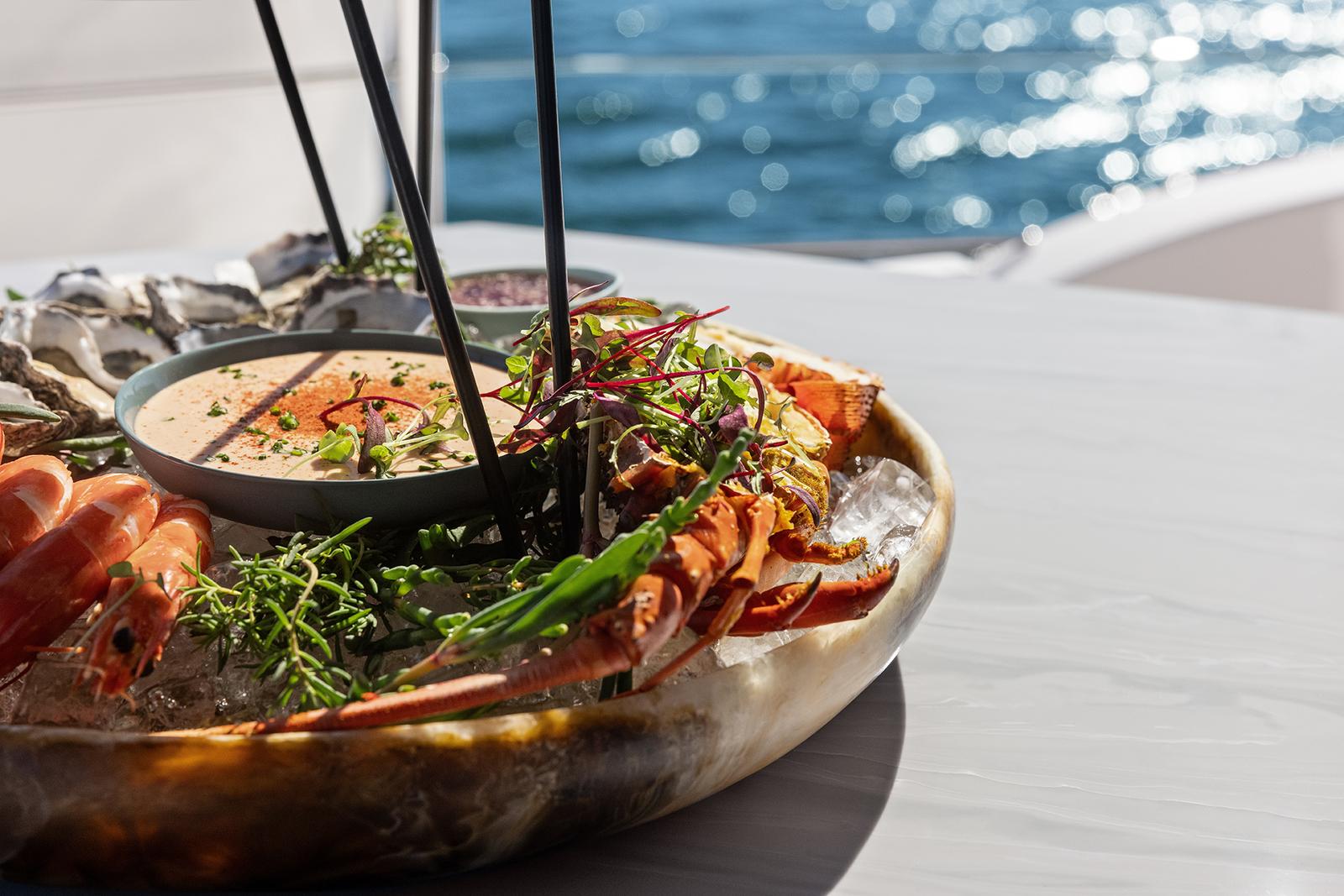 A seafood platter set on the deck table
