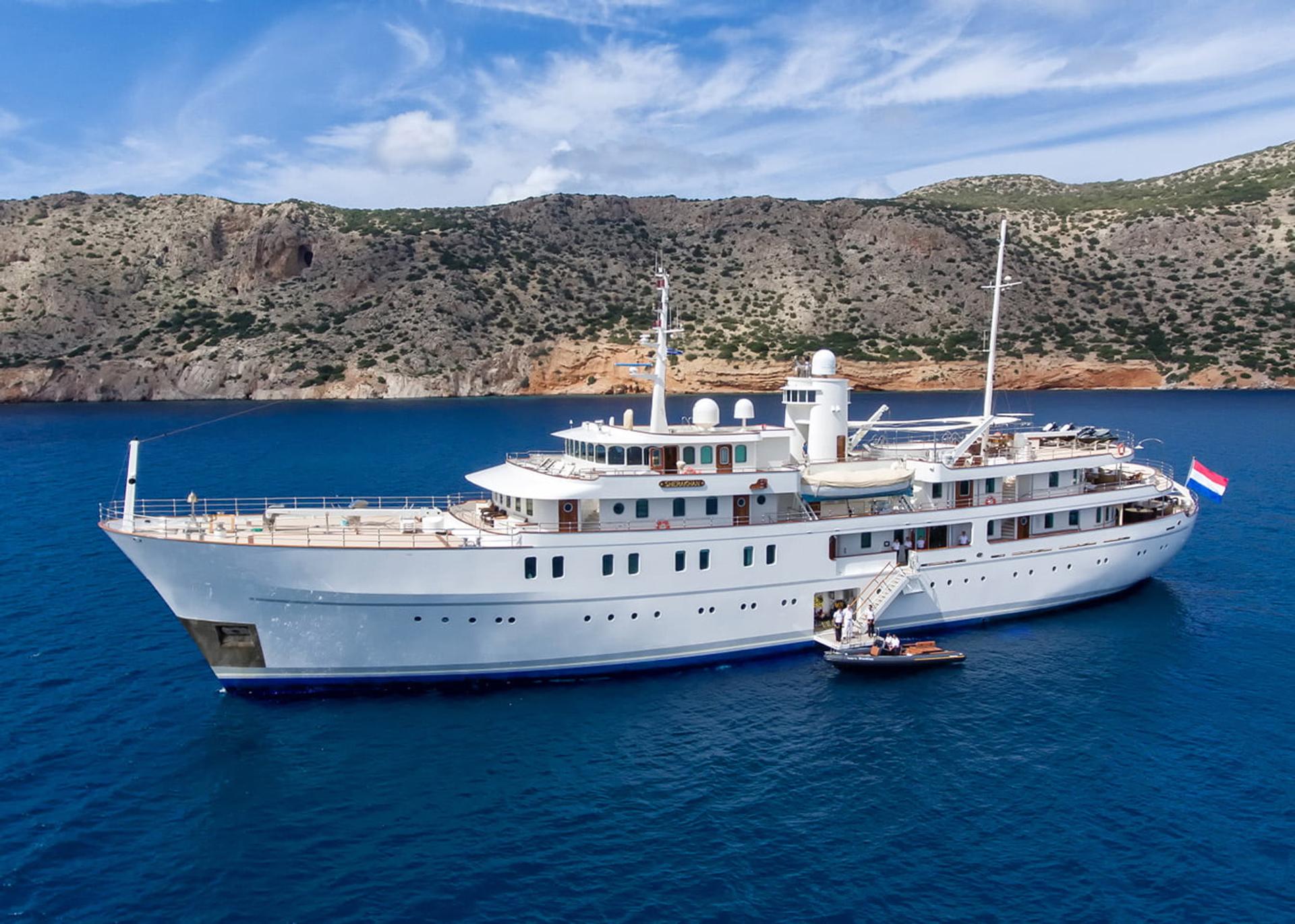 SHERAKHAN, a 69.6m Vuyk en Zonen superyacht, at anchor in the Mediterranean