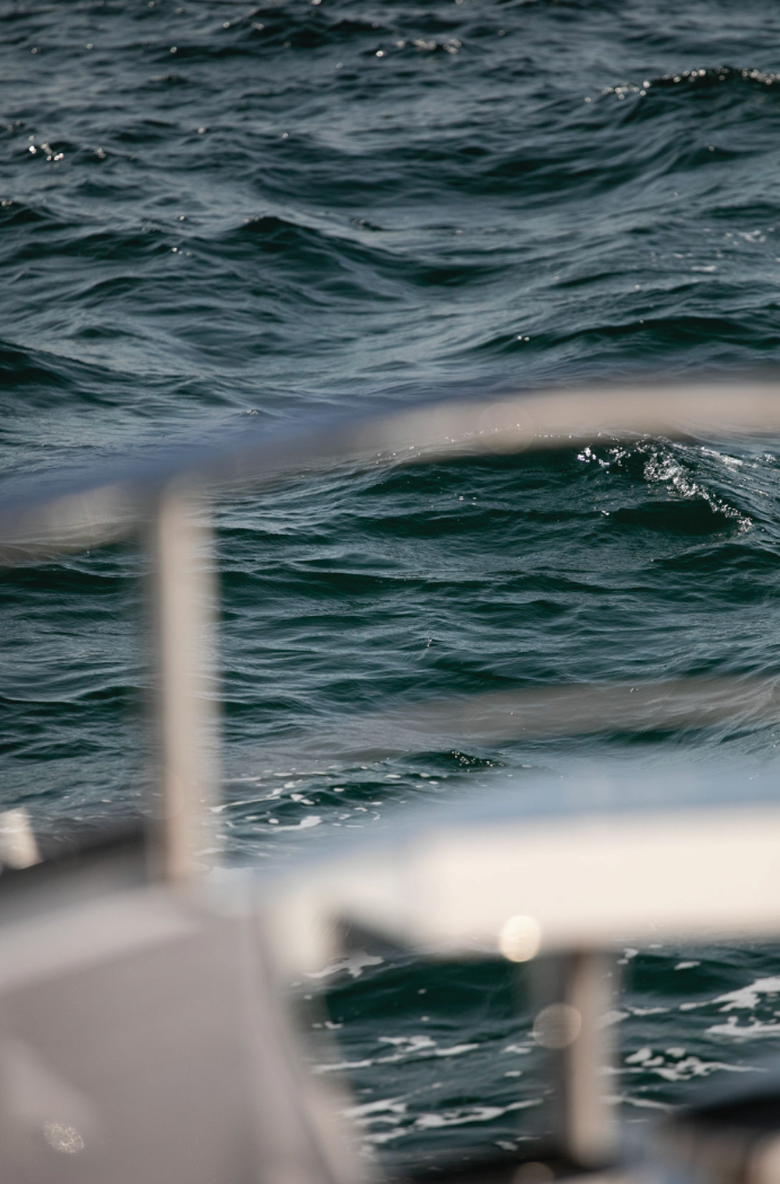 Deep blue swell viewed past a stainless steel railing from the deck
