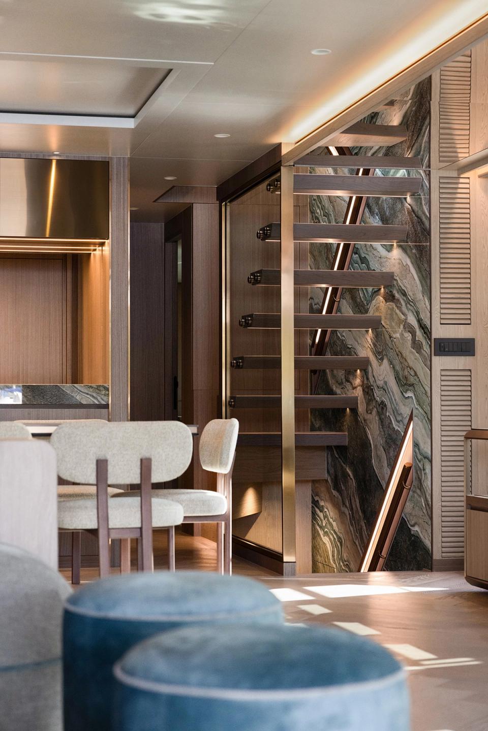 orraia luxury yacht interior dining stairs