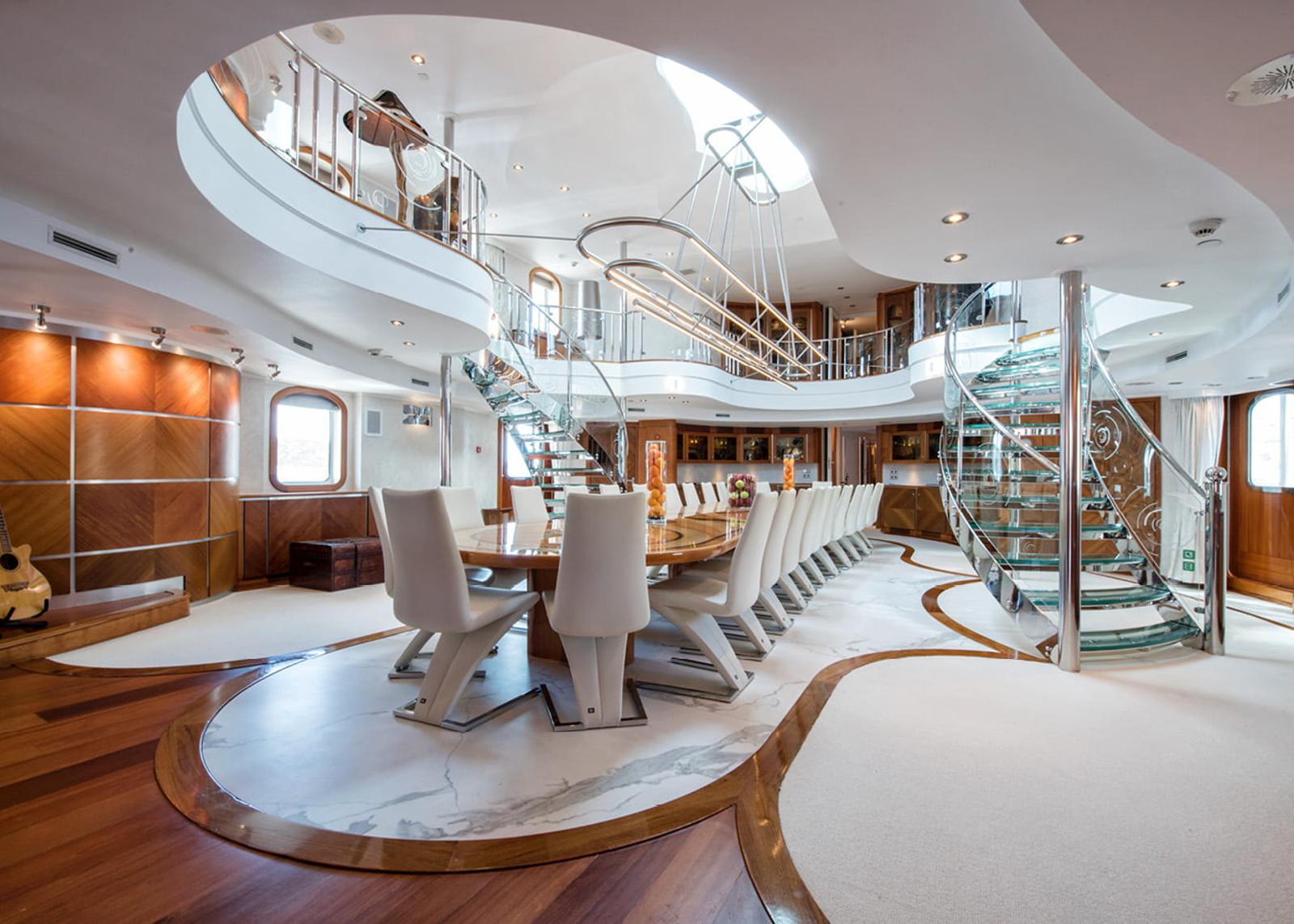 SHERAKHAN — dining atrium beneath the glass-bottom Jacuzzi