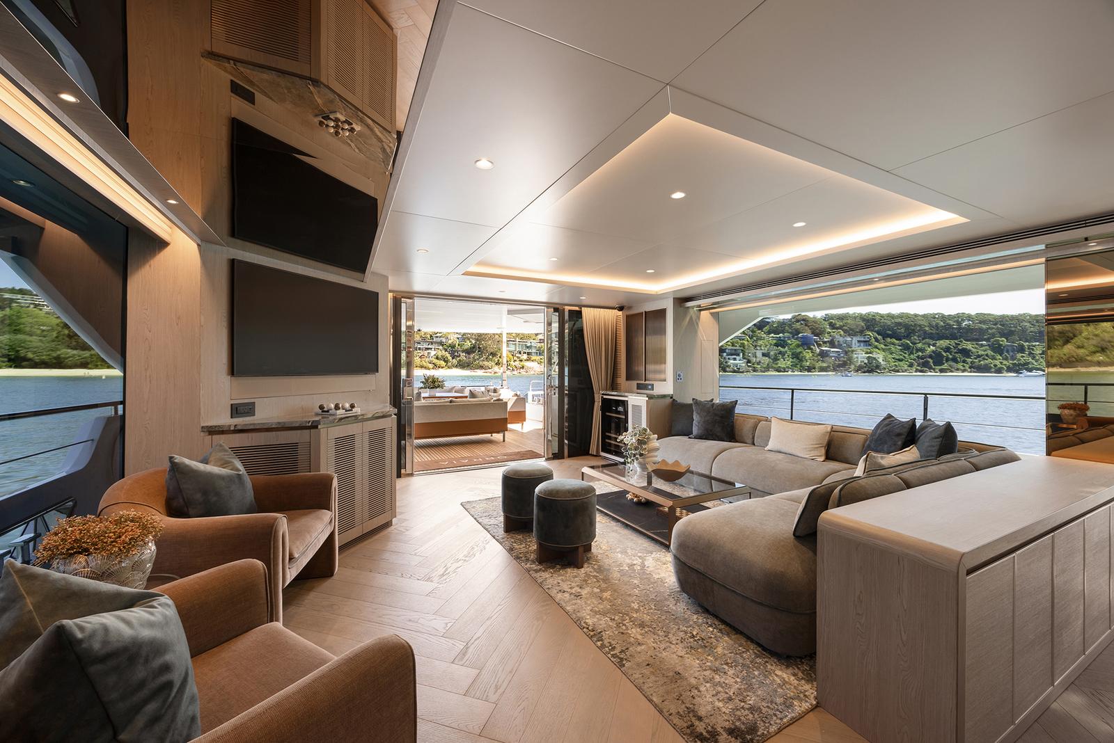 The interior lounge, set for an intimate gathering