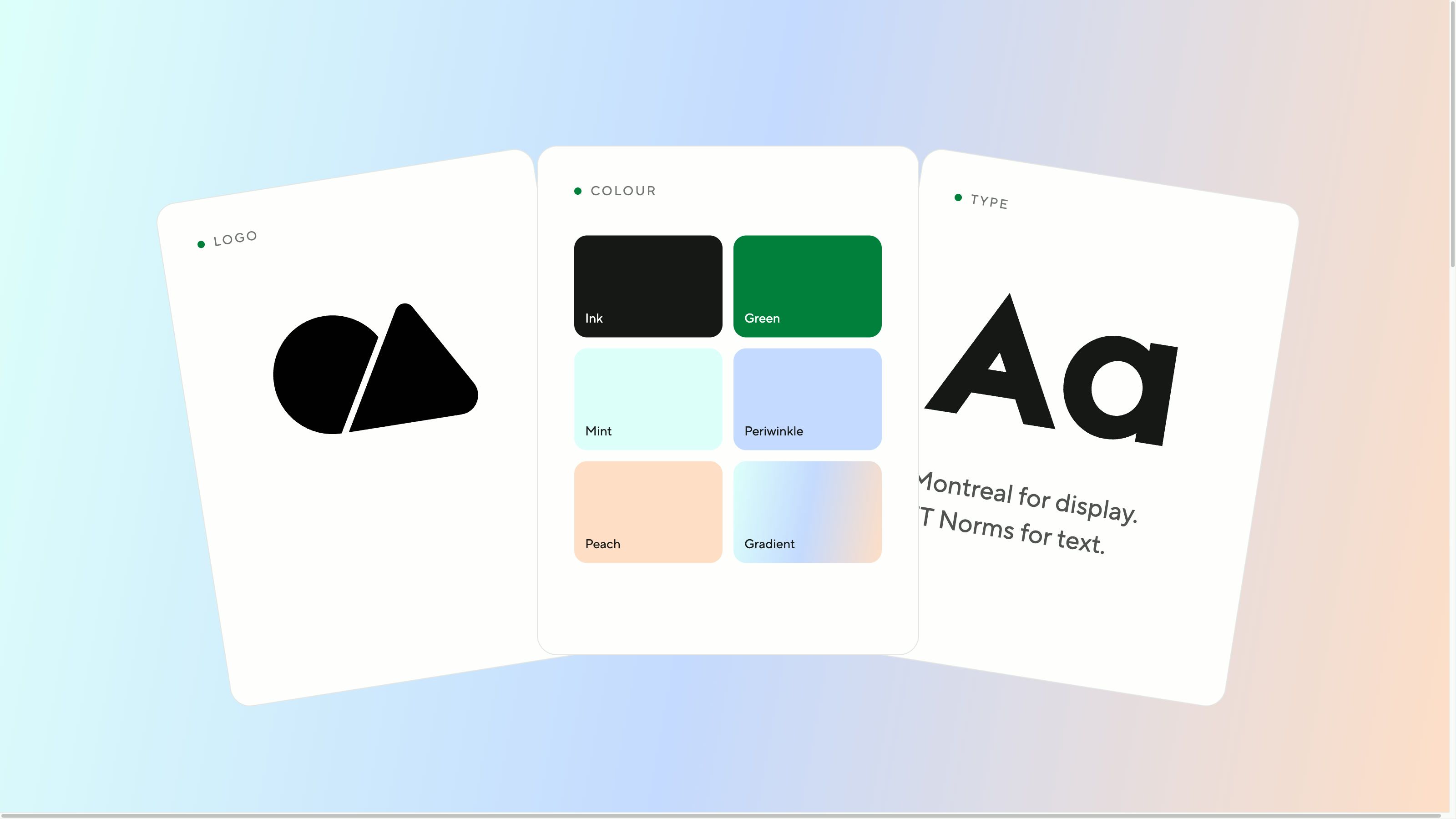 Onmark brand guideline cards for the logo, colour palette and type
