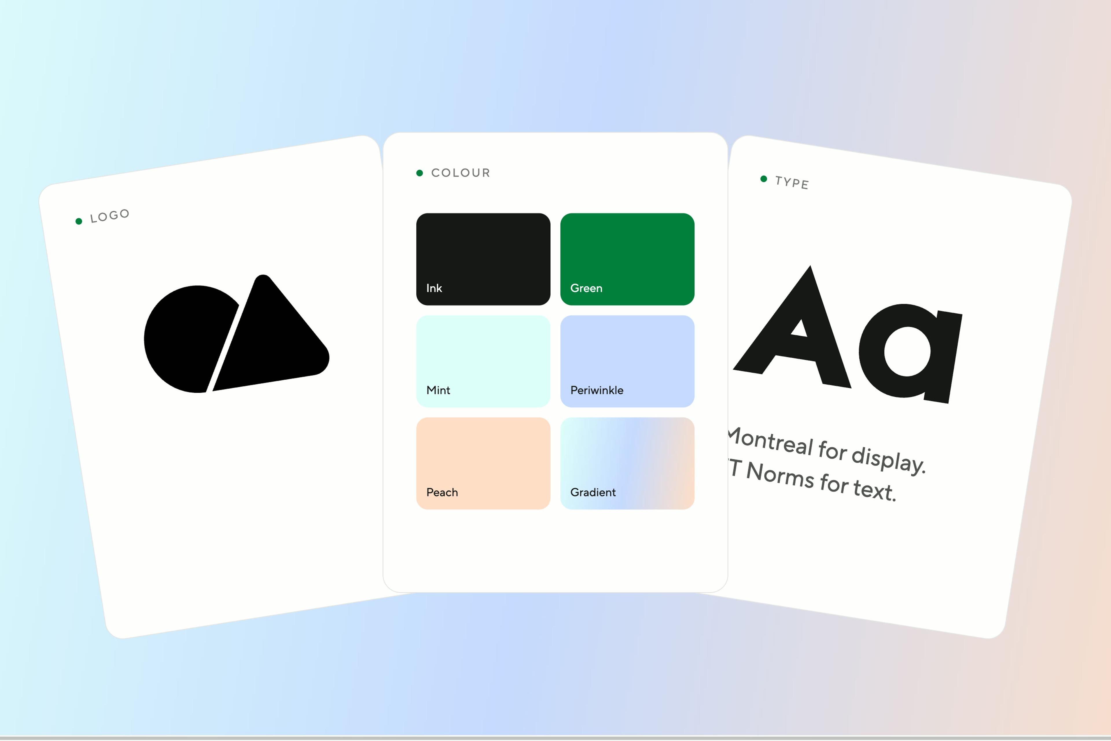 Onmark brand guideline cards for the logo, colour palette and type